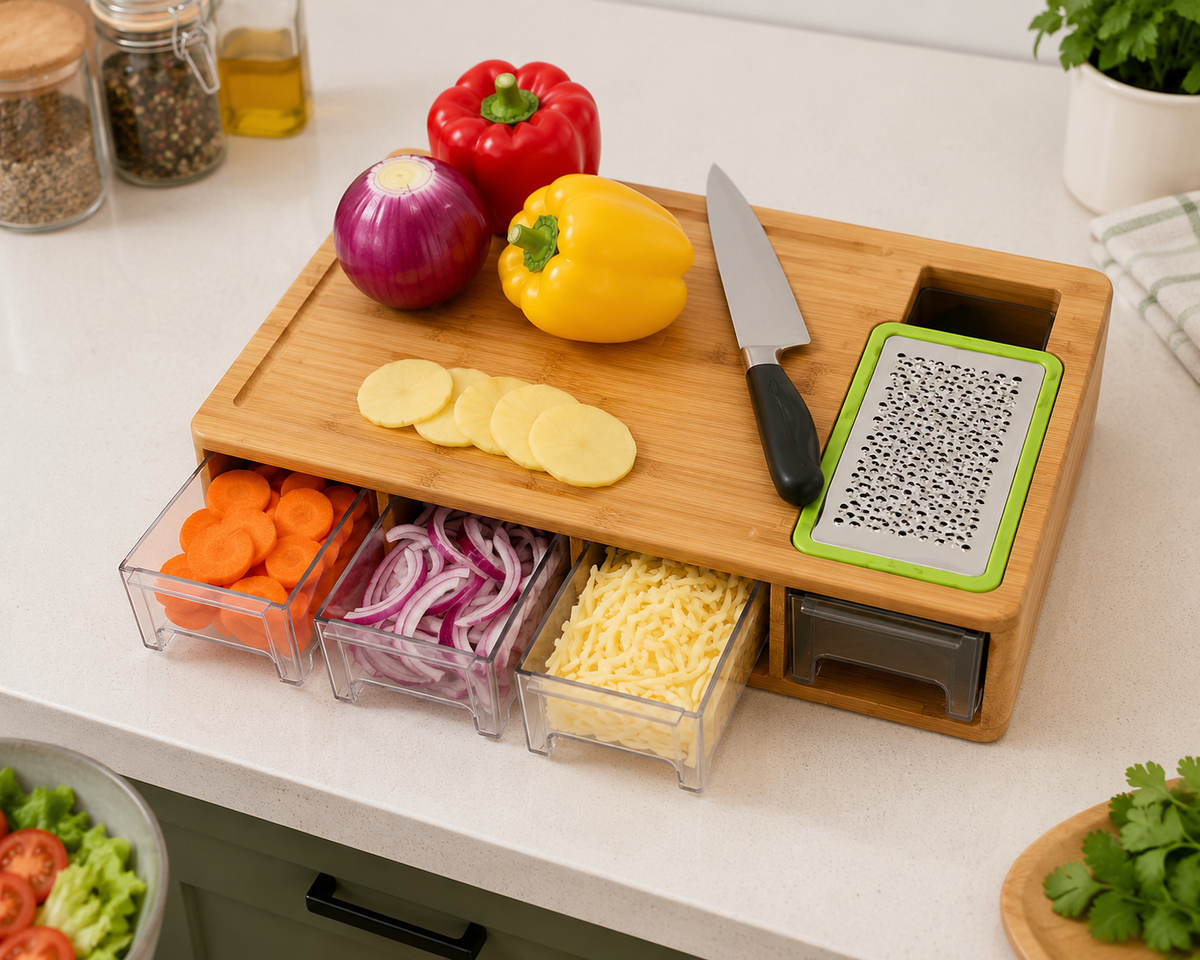 Bamboo Cutting Board with Storage Drawers