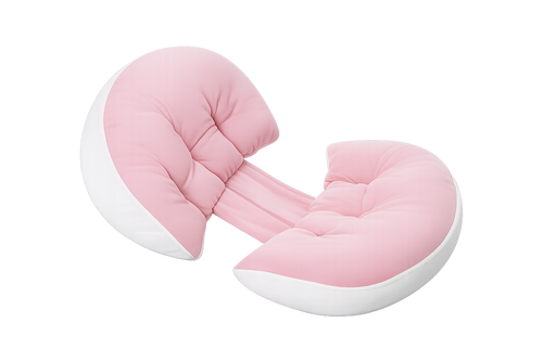 A pink and white crescent-shaped baby support pillow with a padded center, shown on a plain white background.